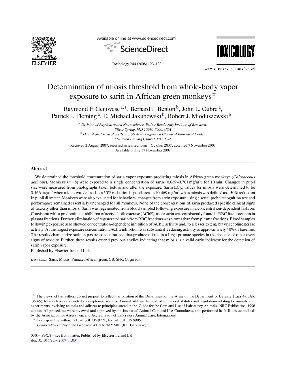 Determination of miosis threshold from whole-body vapor exposure to sarin in African green monkeys 