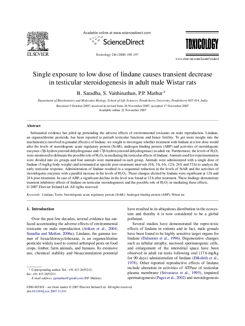 Single exposure to low dose of lindane causes transient decrease in testicular steroidogenesis in adult male Wistar rats