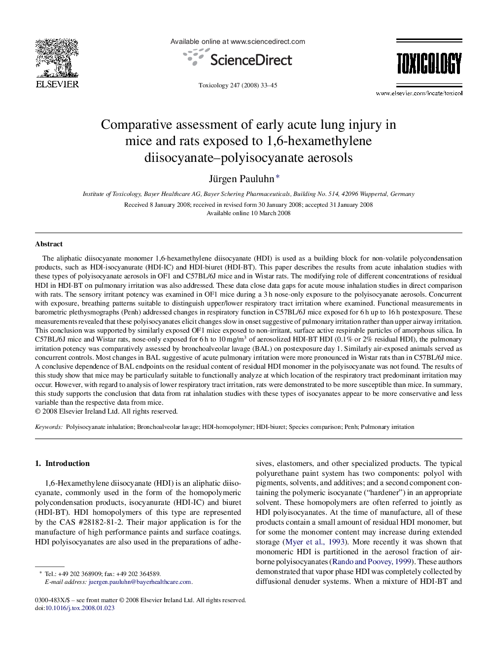 Comparative assessment of early acute lung injury in mice and rats exposed to 1,6-hexamethylene diisocyanate–polyisocyanate aerosols