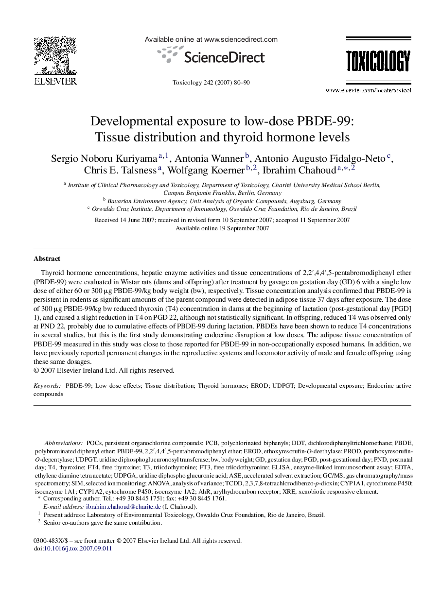 Developmental exposure to low-dose PBDE-99: Tissue distribution and thyroid hormone levels