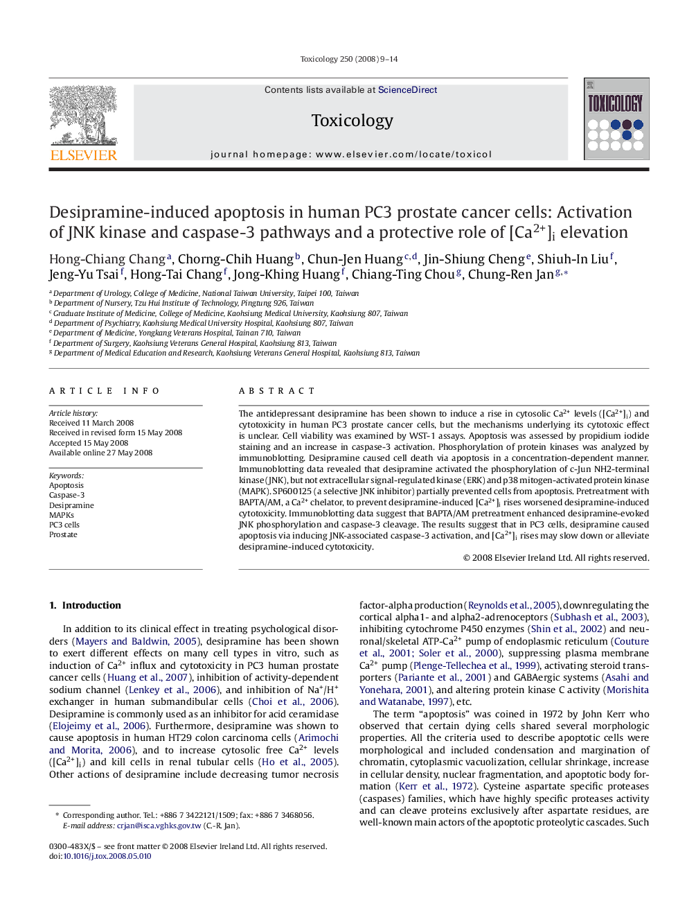 Desipramine-induced apoptosis in human PC3 prostate cancer cells: Activation of JNK kinase and caspase-3 pathways and a protective role of [Ca2+]i elevation