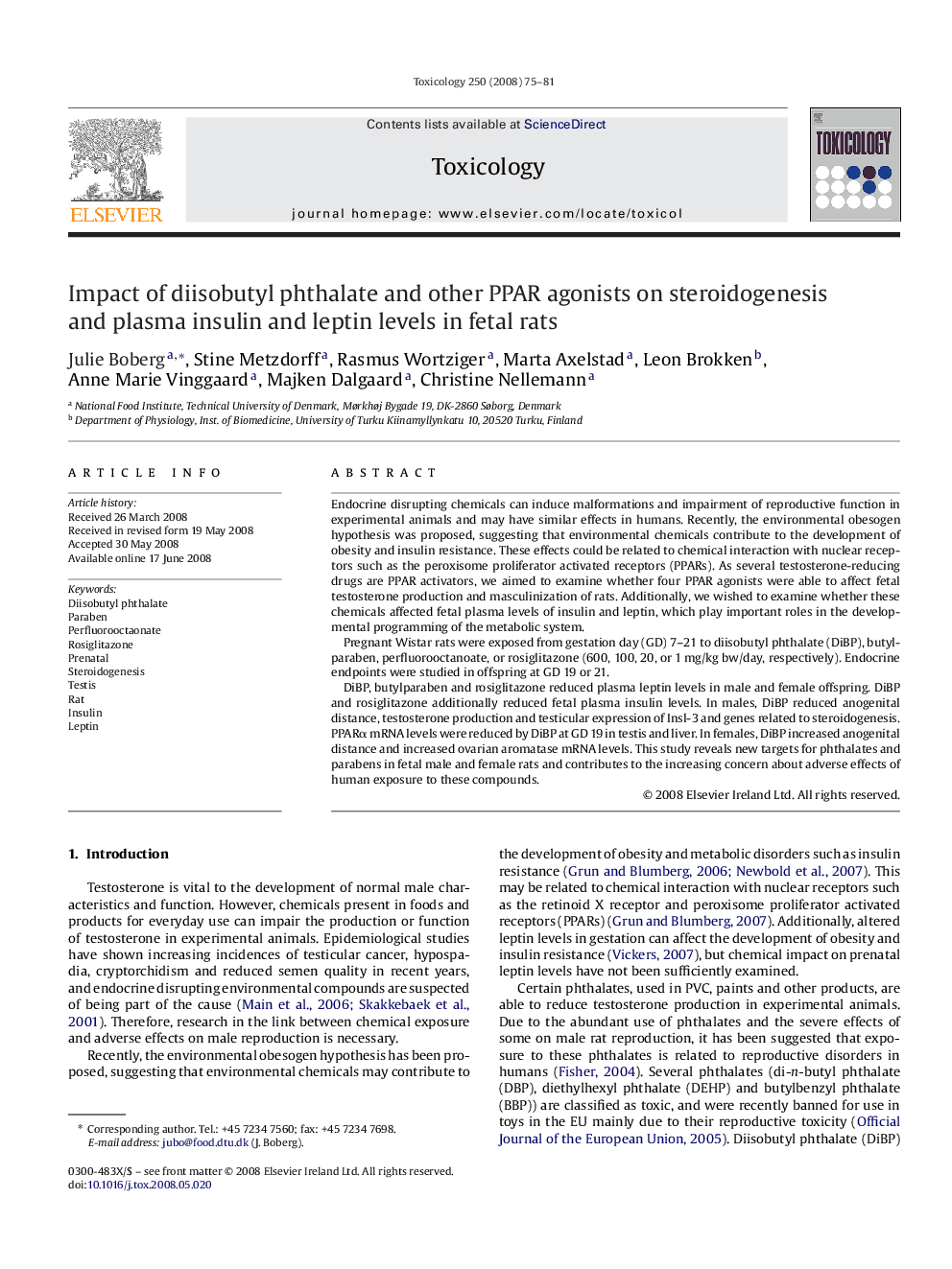 Impact of diisobutyl phthalate and other PPAR agonists on steroidogenesis and plasma insulin and leptin levels in fetal rats