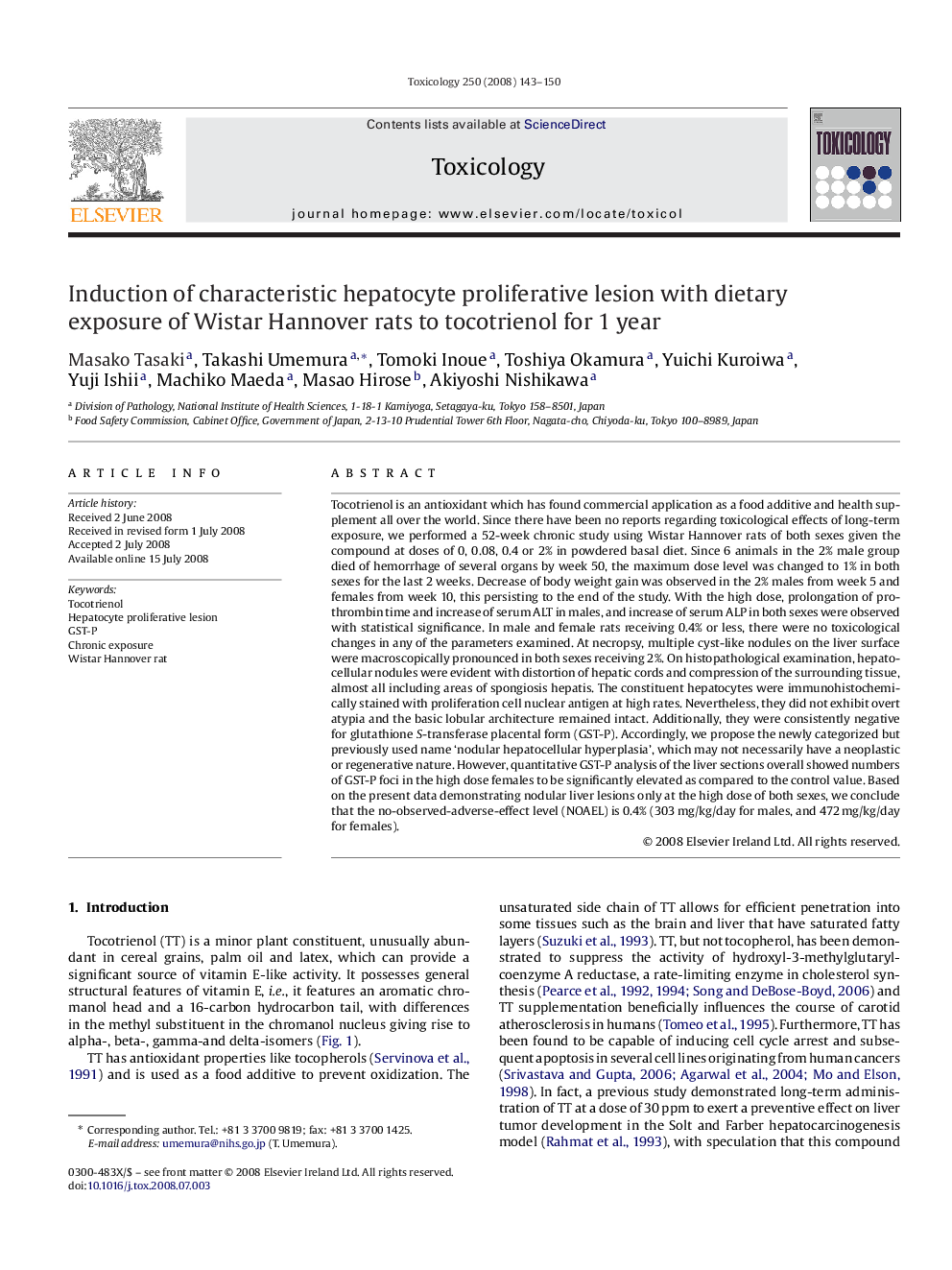 Induction of characteristic hepatocyte proliferative lesion with dietary exposure of Wistar Hannover rats to tocotrienol for 1 year