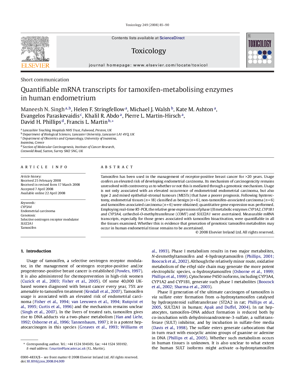 Quantifiable mRNA transcripts for tamoxifen-metabolising enzymes in human endometrium