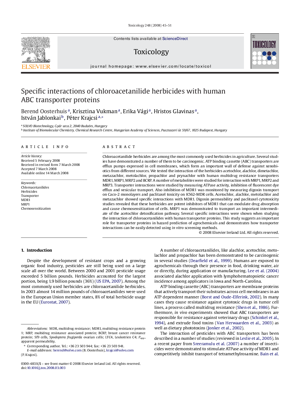 Specific interactions of chloroacetanilide herbicides with human ABC transporter proteins