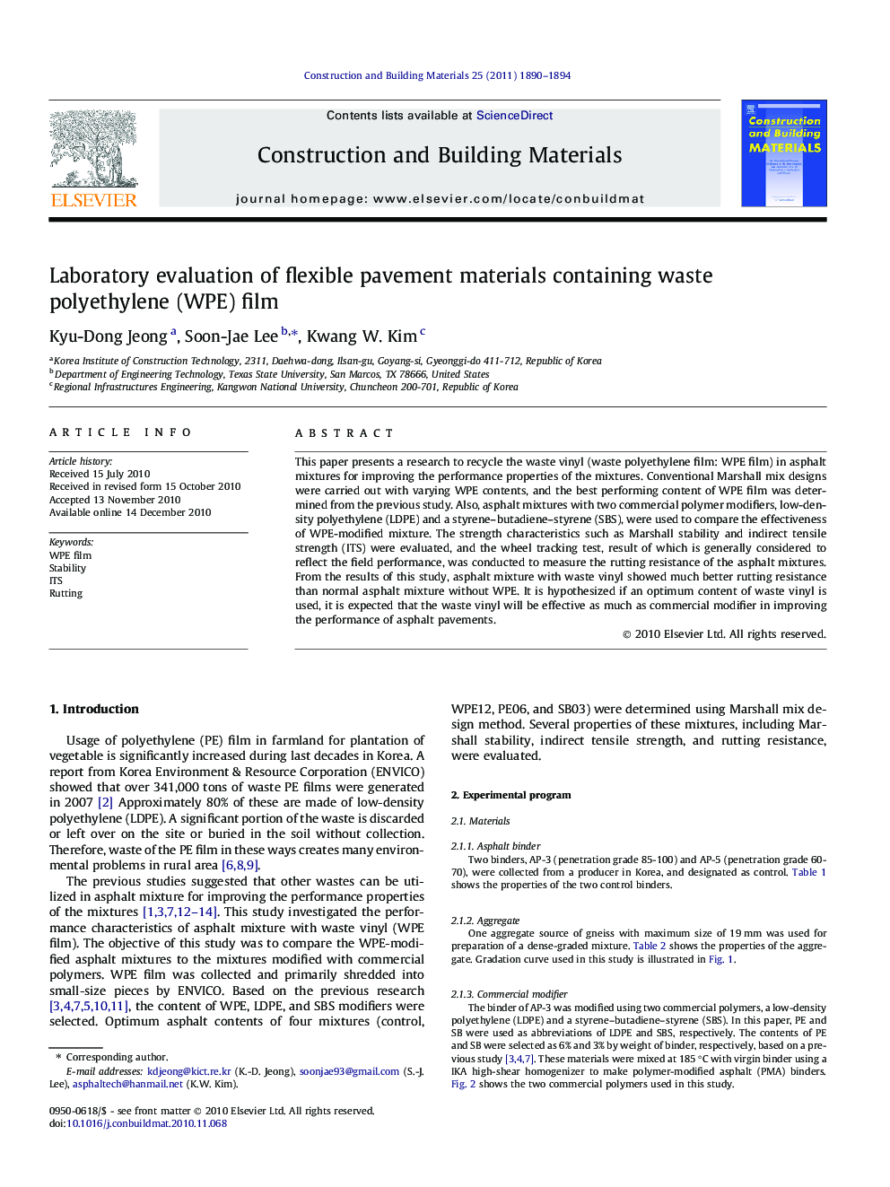 Laboratory evaluation of flexible pavement materials containing waste polyethylene (WPE) film