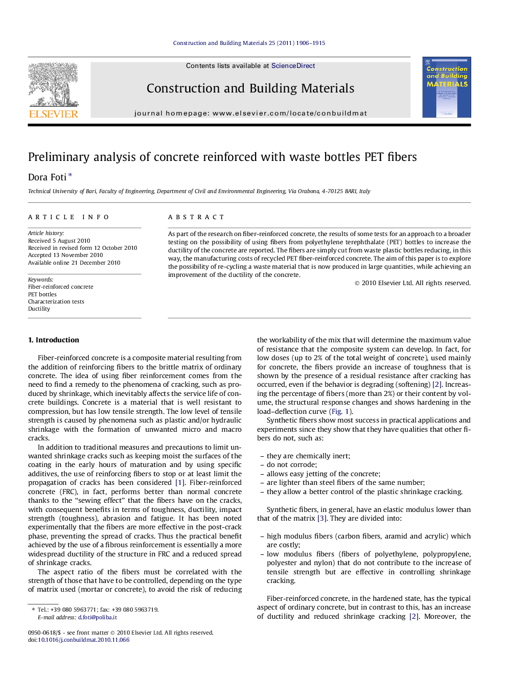 Preliminary analysis of concrete reinforced with waste bottles PET fibers