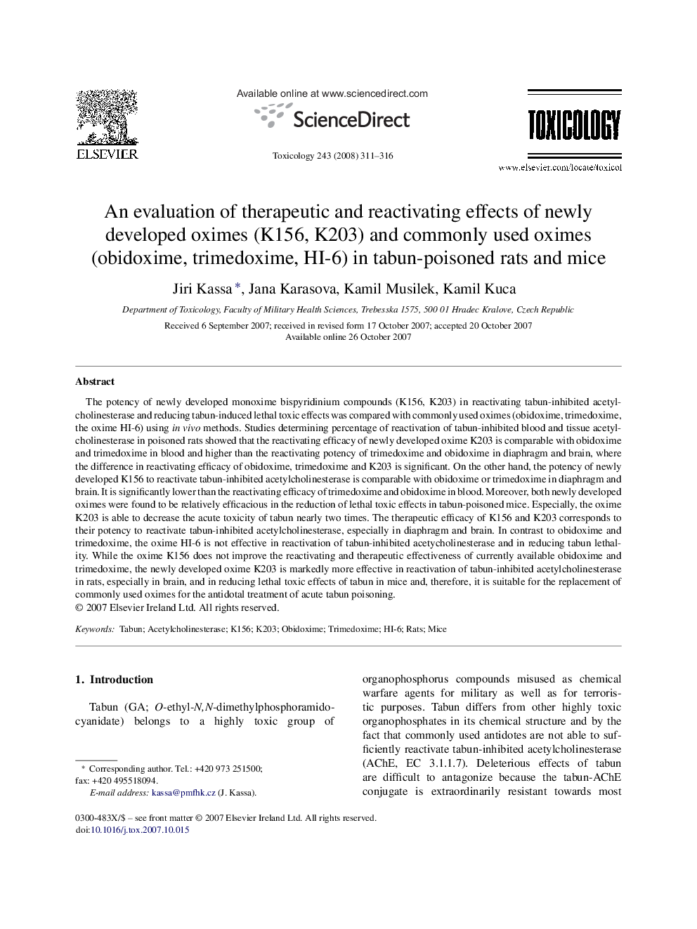 An evaluation of therapeutic and reactivating effects of newly developed oximes (K156, K203) and commonly used oximes (obidoxime, trimedoxime, HI-6) in tabun-poisoned rats and mice