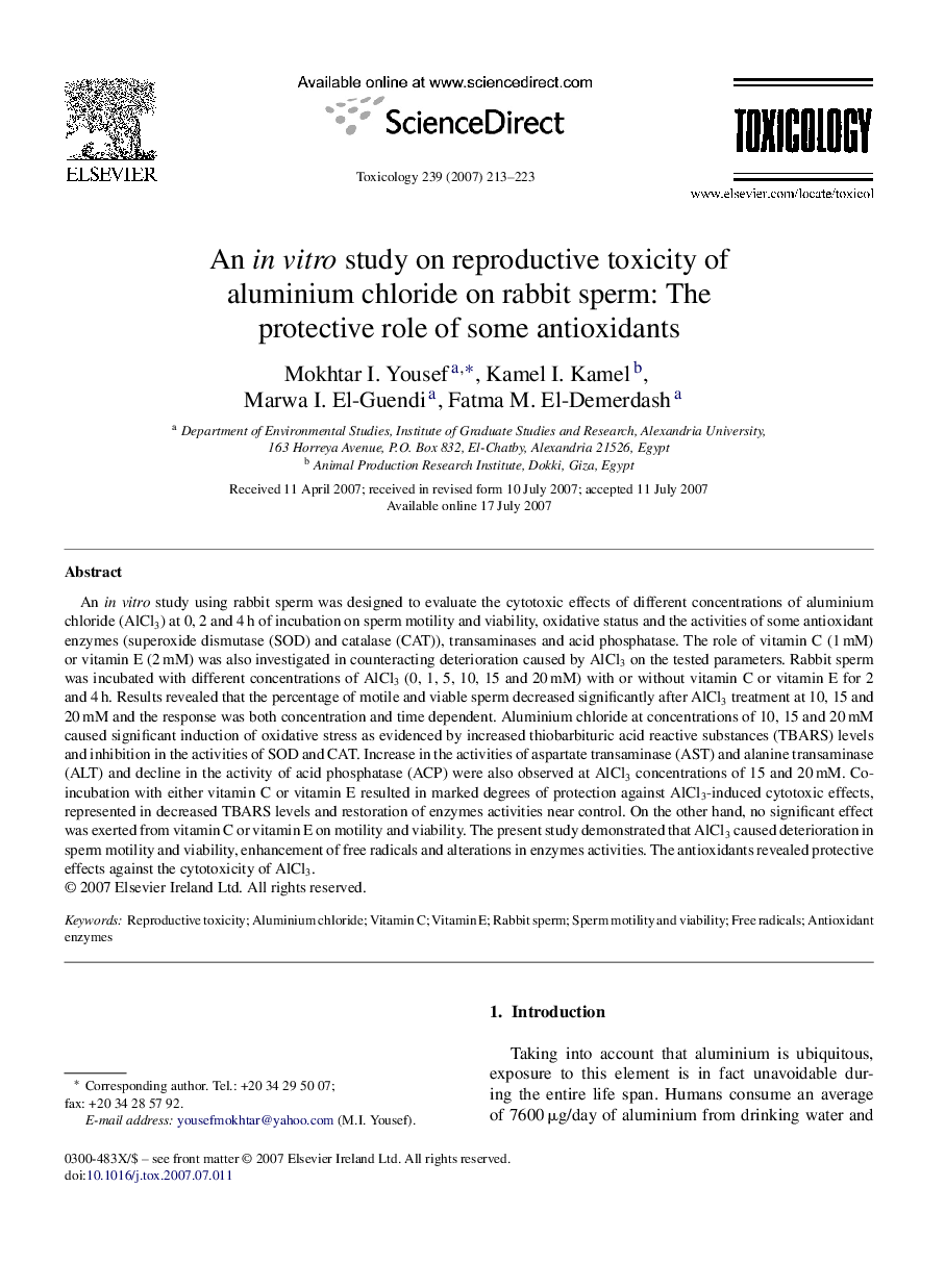 An in vitro study on reproductive toxicity of aluminium chloride on rabbit sperm: The protective role of some antioxidants