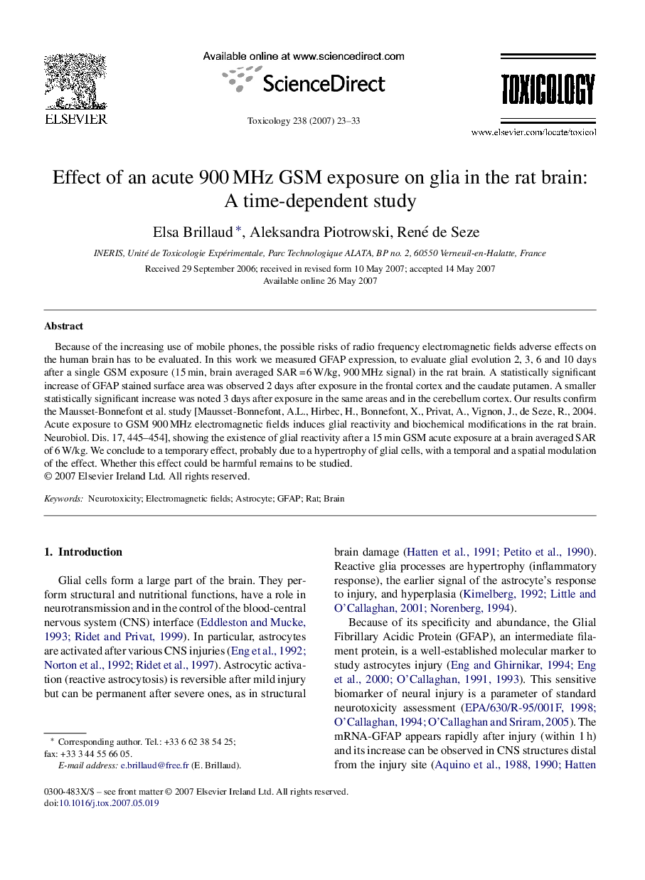 Effect of an acute 900 MHz GSM exposure on glia in the rat brain: A time-dependent study