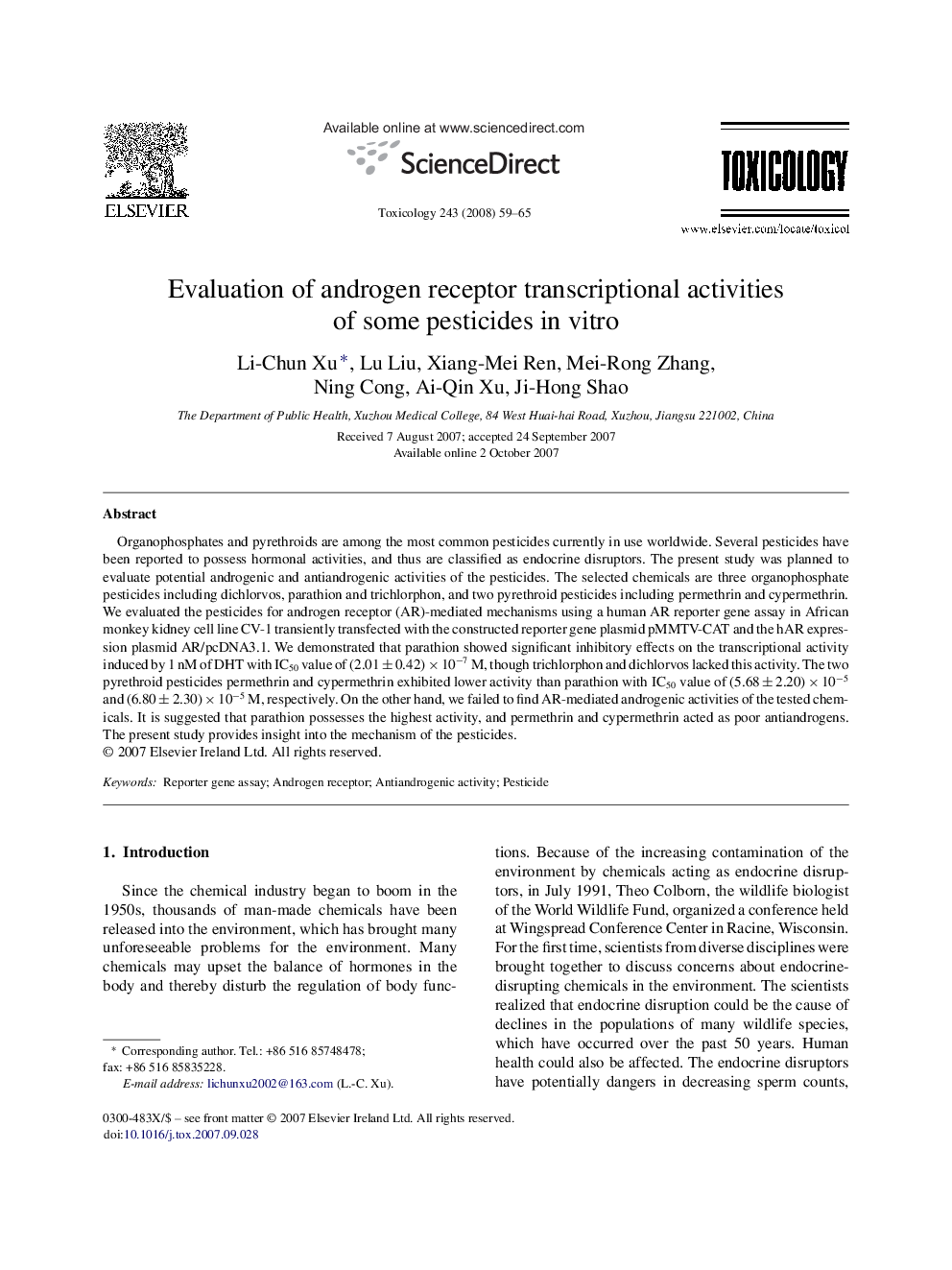 Evaluation of androgen receptor transcriptional activities of some pesticides in vitro