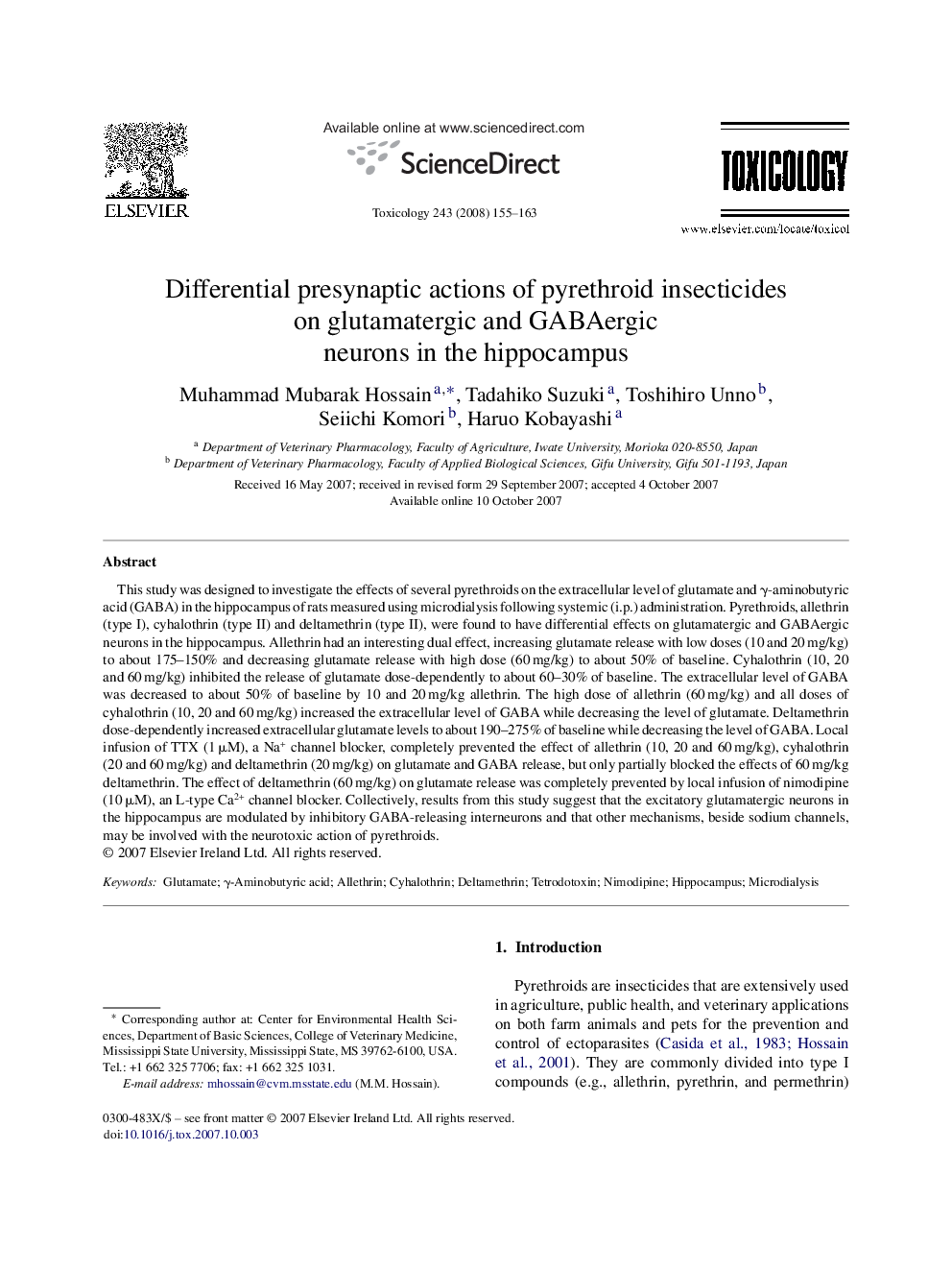 Differential presynaptic actions of pyrethroid insecticides on glutamatergic and GABAergic neurons in the hippocampus