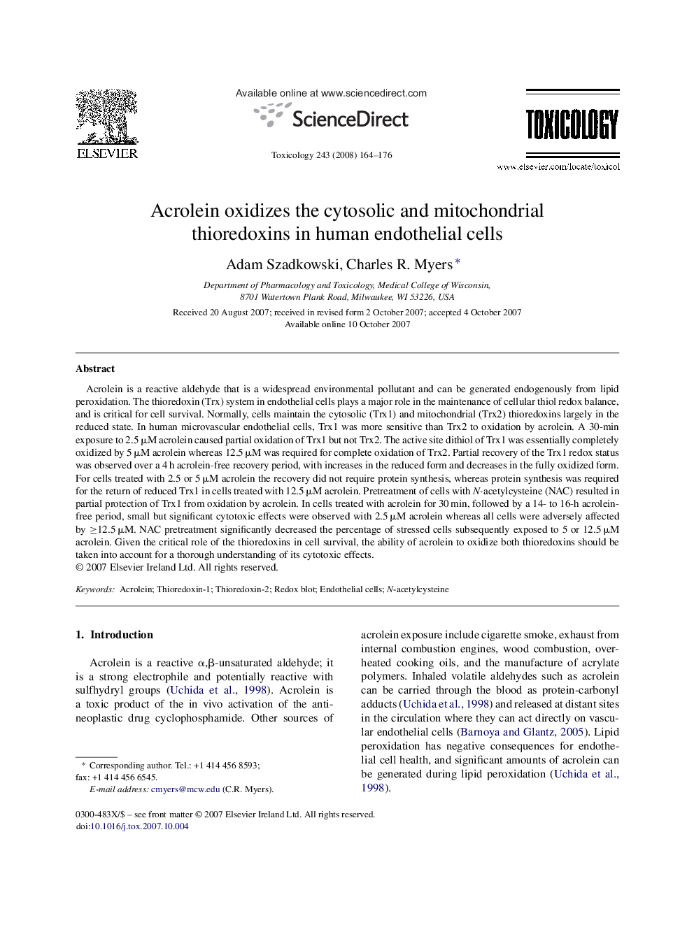 Acrolein oxidizes the cytosolic and mitochondrial thioredoxins in human endothelial cells