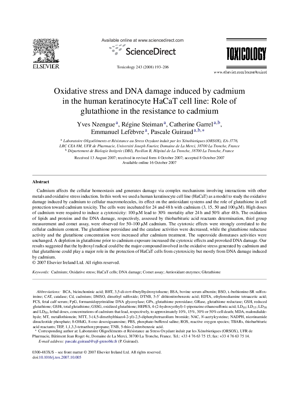 Oxidative stress and DNA damage induced by cadmium in the human keratinocyte HaCaT cell line: Role of glutathione in the resistance to cadmium