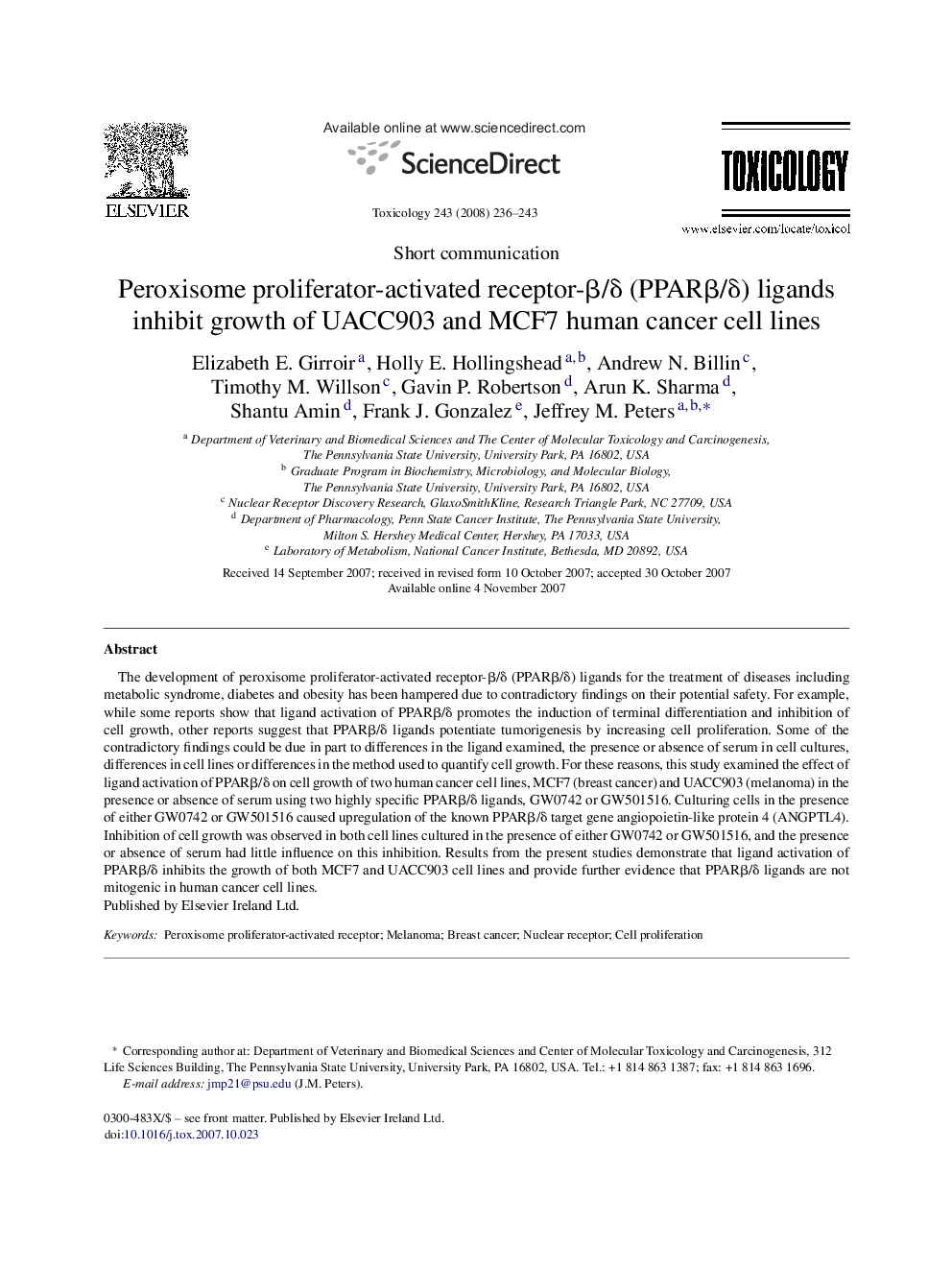 Peroxisome proliferator-activated receptor-β/δ (PPARβ/δ) ligands inhibit growth of UACC903 and MCF7 human cancer cell lines