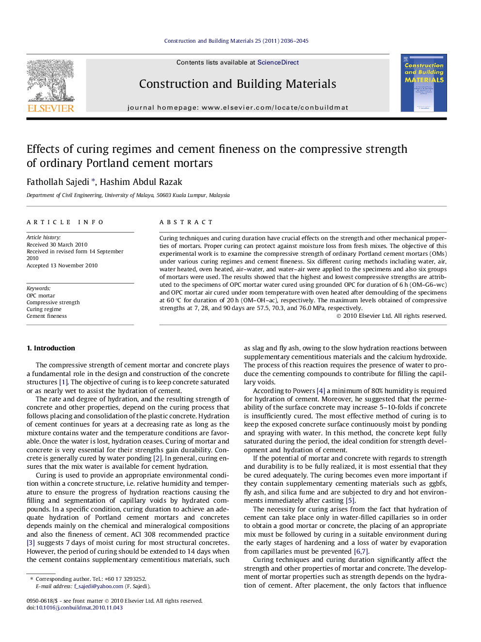 Effects of curing regimes and cement fineness on the compressive strength of ordinary Portland cement mortars