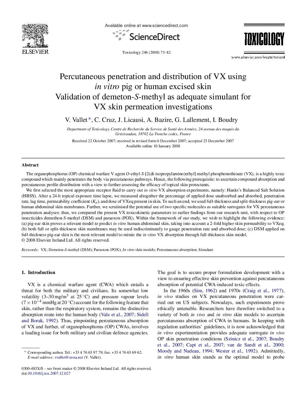 Percutaneous penetration and distribution of VX using in vitro pig or human excised skin: Validation of demeton-S-methyl as adequate simulant for VX skin permeation investigations