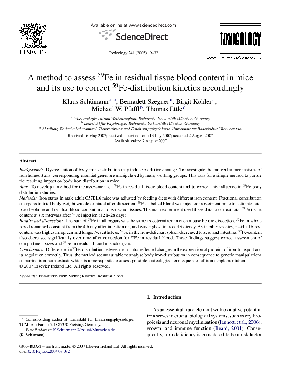 A method to assess 59Fe in residual tissue blood content in mice and its use to correct 59Fe-distribution kinetics accordingly