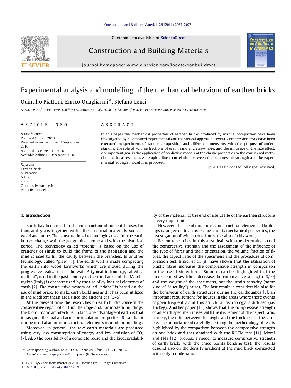 Experimental analysis and modelling of the mechanical behaviour of earthen bricks