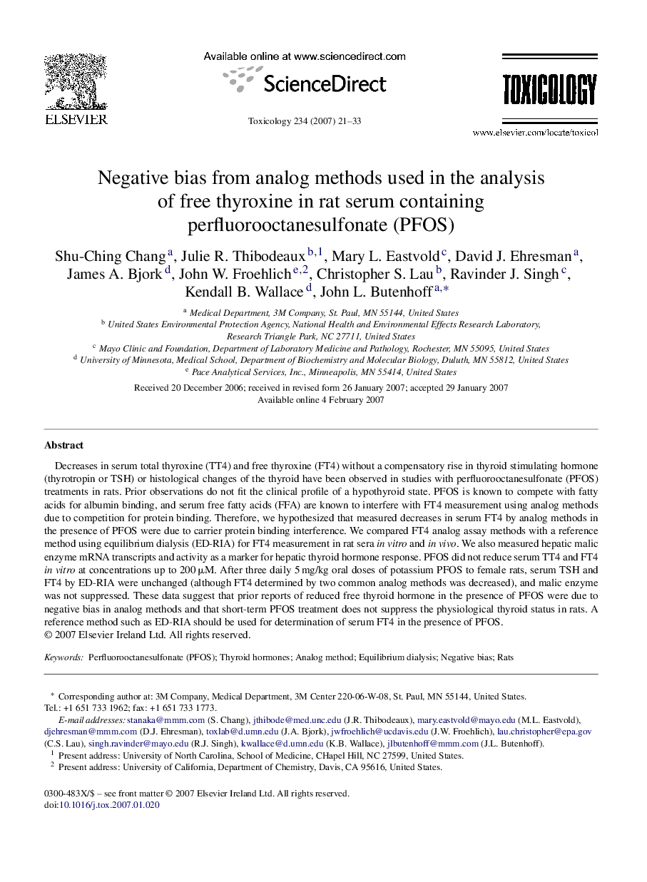 Negative bias from analog methods used in the analysis of free thyroxine in rat serum containing perfluorooctanesulfonate (PFOS)