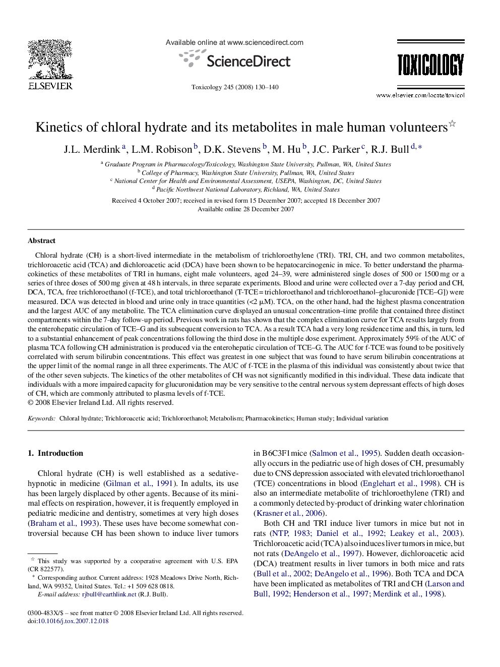 Kinetics of chloral hydrate and its metabolites in male human volunteers 