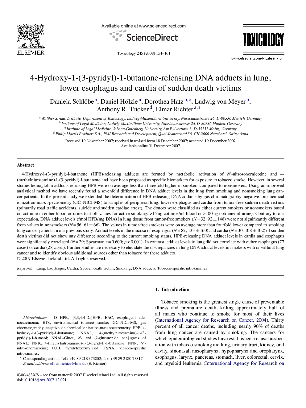 4-Hydroxy-1-(3-pyridyl)-1-butanone-releasing DNA adducts in lung, lower esophagus and cardia of sudden death victims