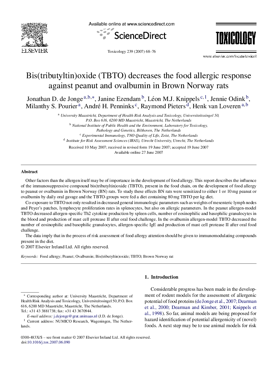 Bis(tributyltin)oxide (TBTO) decreases the food allergic response against peanut and ovalbumin in Brown Norway rats