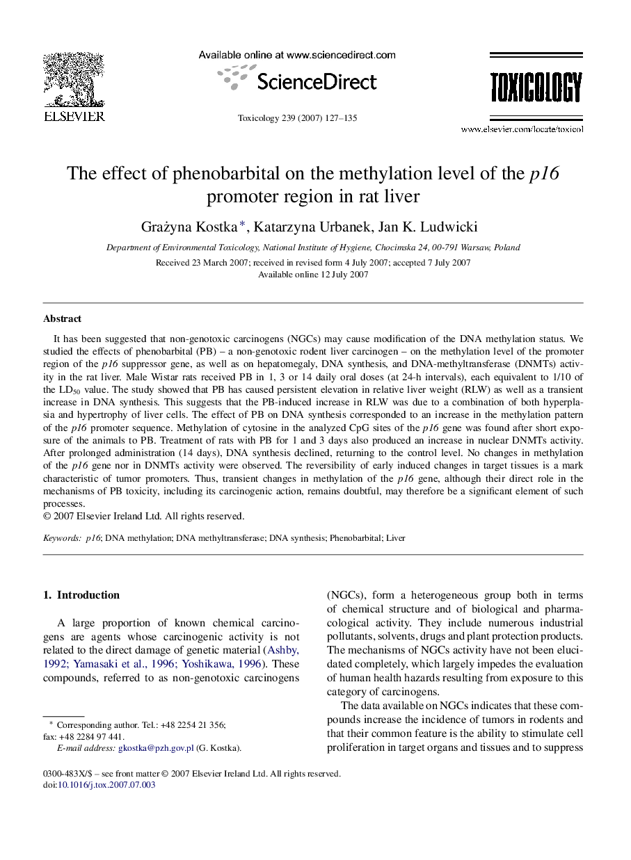 The effect of phenobarbital on the methylation level of the p16 promoter region in rat liver