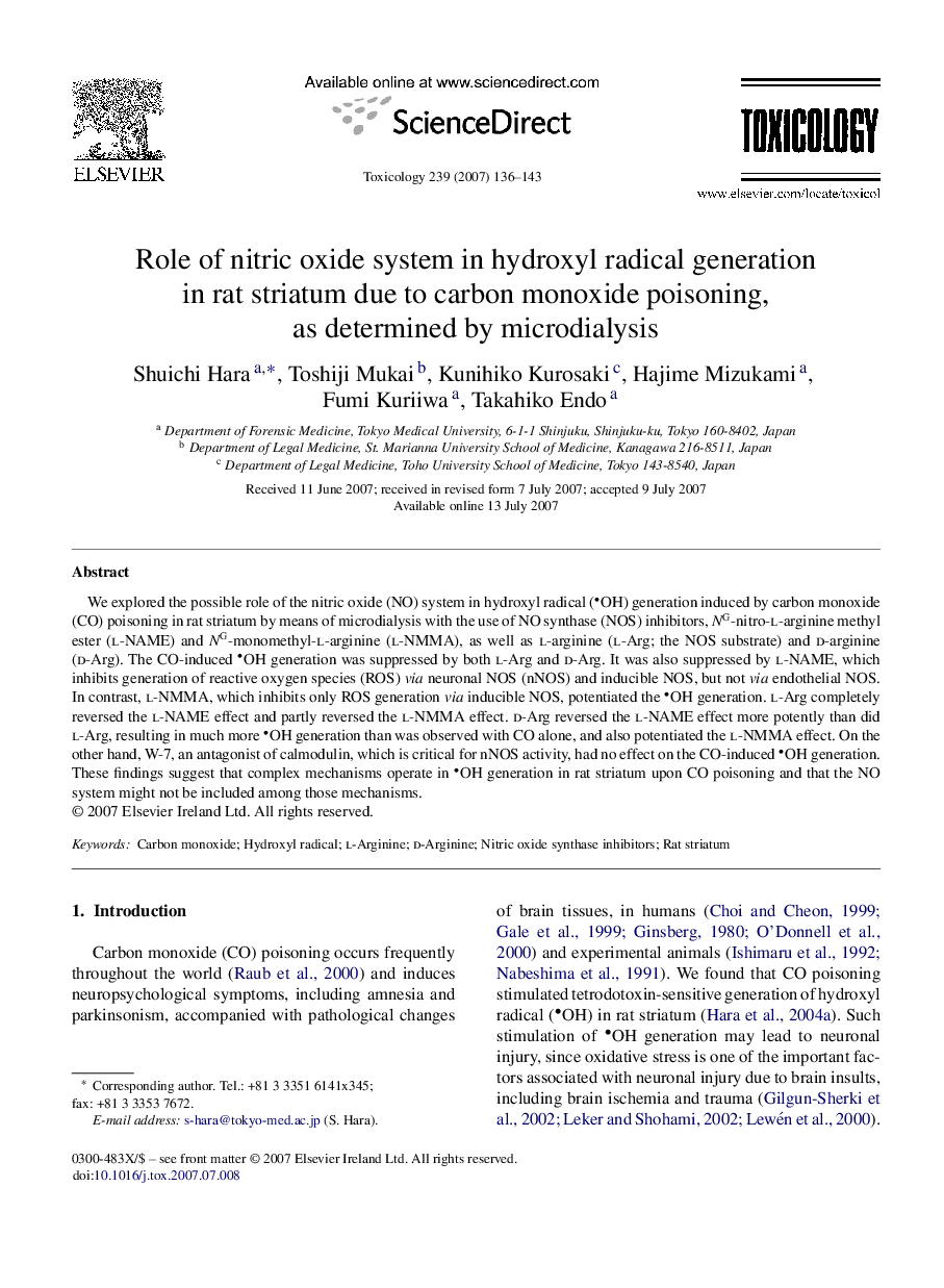 Role of nitric oxide system in hydroxyl radical generation in rat striatum due to carbon monoxide poisoning, as determined by microdialysis