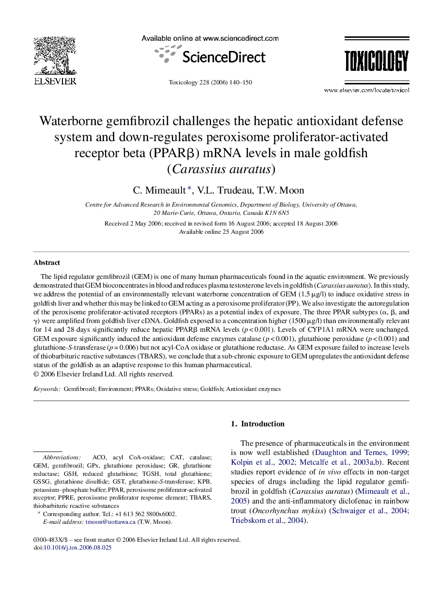 عکس صفحه اول مقاله: Waterborne gemfibrozil challenges the hepatic antioxidant defense system and down-regulates peroxisome proliferator-activated receptor beta (PPARβ) mRNA levels in male goldfish (Carassius auratus) Waterborne gemfibrozil challenges the hepatic antioxidant defense system and down-regulates peroxisome proliferator-activated receptor beta (PPARβ) mRNA levels in male goldfish (Carassius auratus)