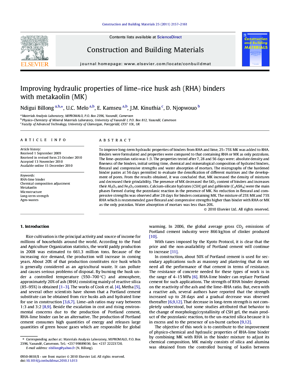 Improving hydraulic properties of lime–rice husk ash (RHA) binders with metakaolin (MK)