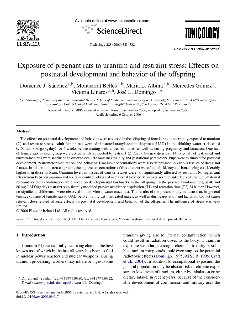 Exposure of pregnant rats to uranium and restraint stress: Effects on postnatal development and behavior of the offspring