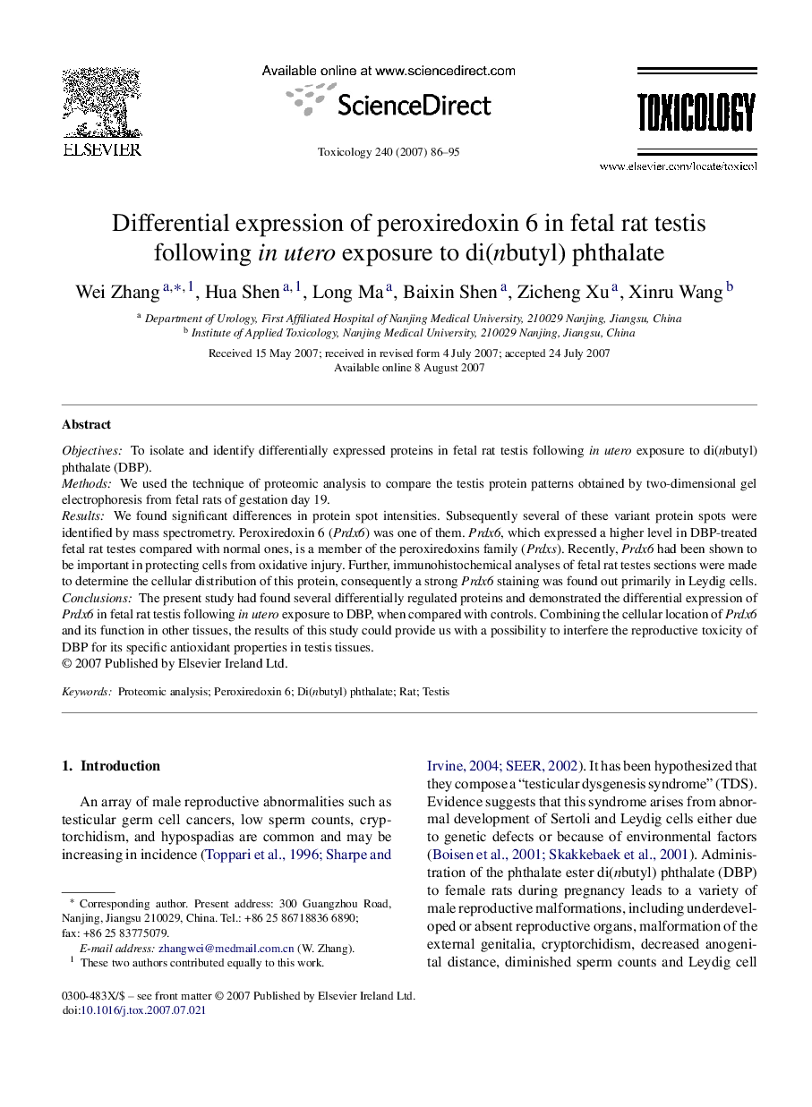 Differential expression of peroxiredoxin 6 in fetal rat testis following in utero exposure to di(nbutyl) phthalate