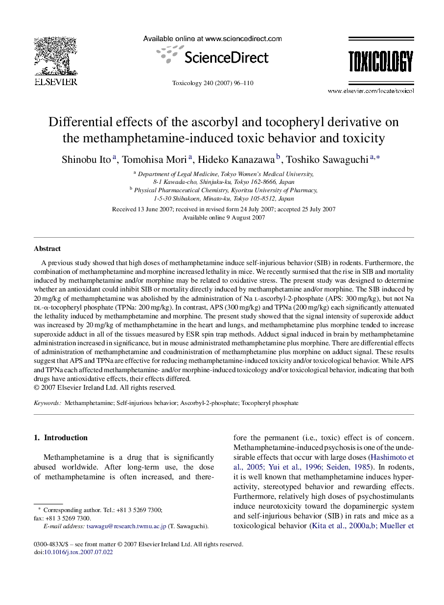 Differential effects of the ascorbyl and tocopheryl derivative on the methamphetamine-induced toxic behavior and toxicity