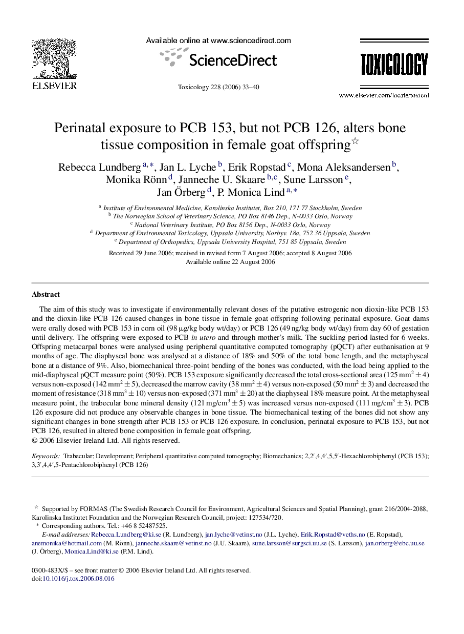 Perinatal exposure to PCB 153, but not PCB 126, alters bone tissue composition in female goat offspring 