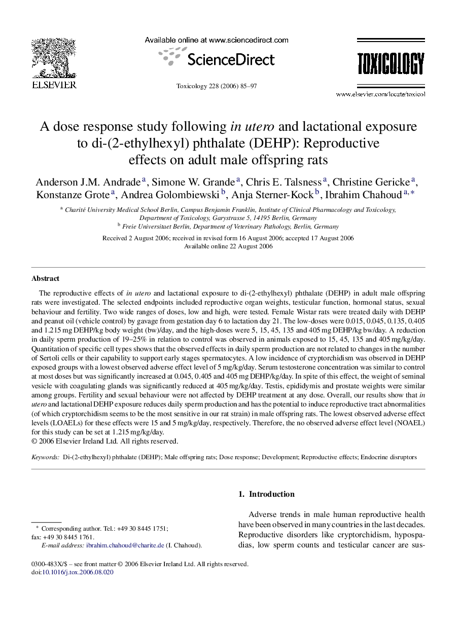 A dose response study following in utero and lactational exposure to di-(2-ethylhexyl) phthalate (DEHP): Reproductive effects on adult male offspring rats