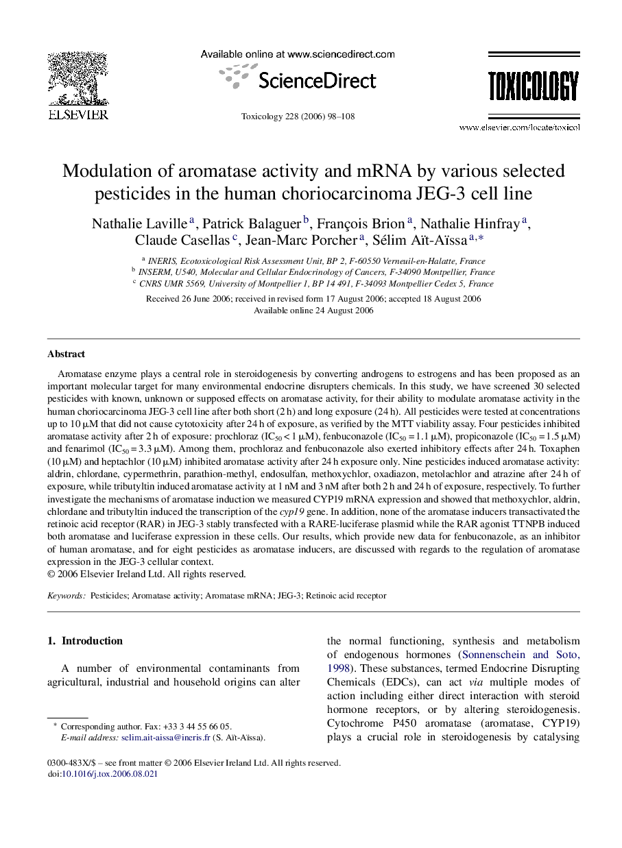 Modulation of aromatase activity and mRNA by various selected pesticides in the human choriocarcinoma JEG-3 cell line