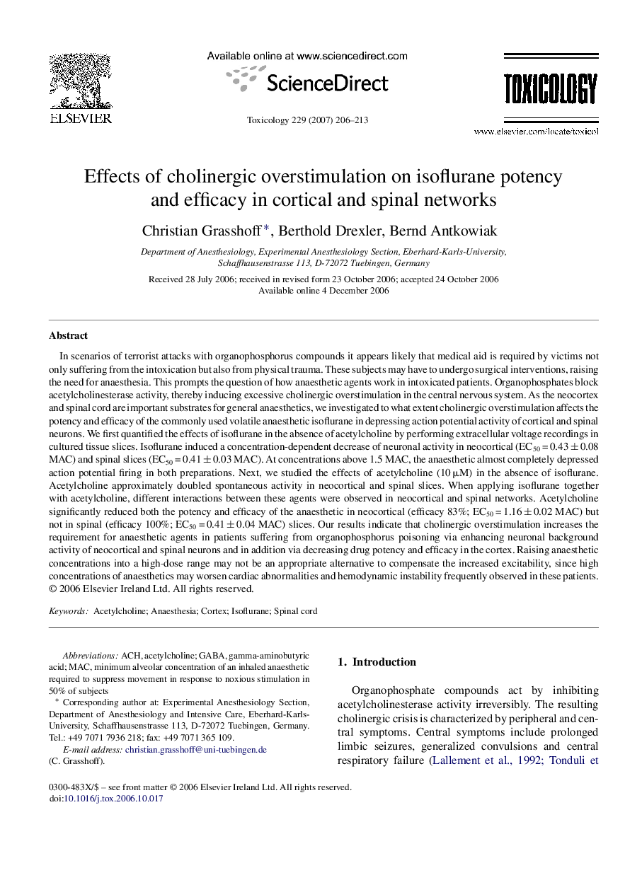 Effects of cholinergic overstimulation on isoflurane potency and efficacy in cortical and spinal networks