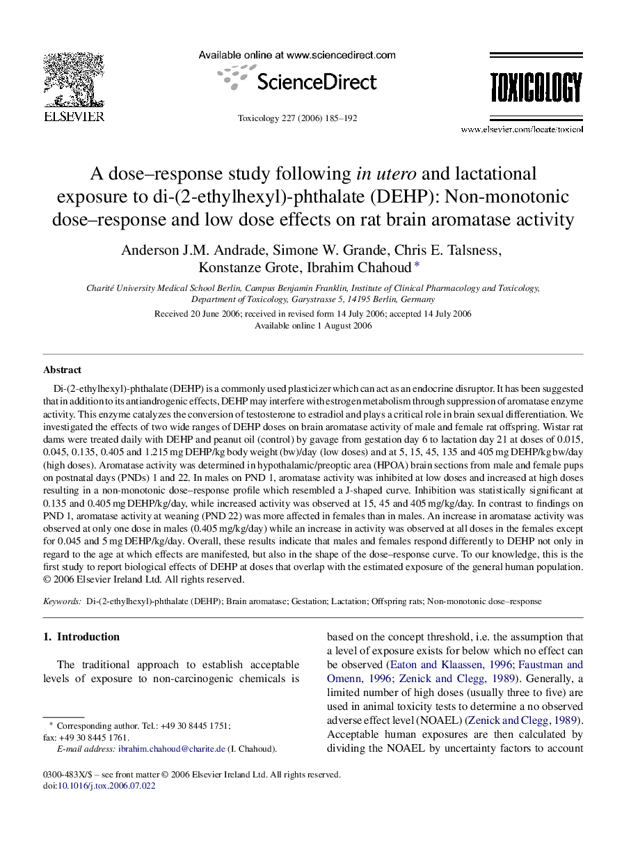 A dose–response study following in utero and lactational exposure to di-(2-ethylhexyl)-phthalate (DEHP): Non-monotonic dose–response and low dose effects on rat brain aromatase activity