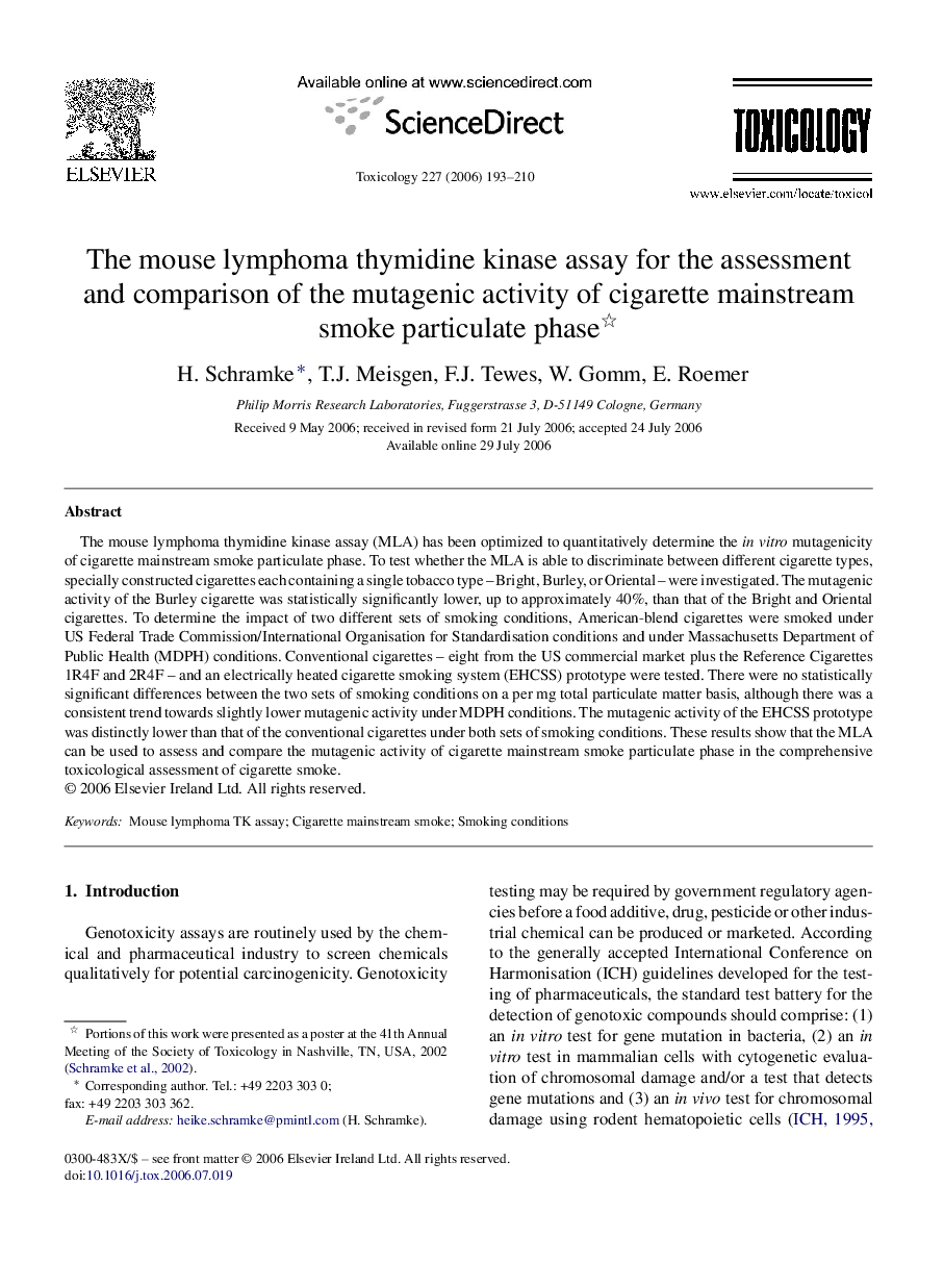 The mouse lymphoma thymidine kinase assay for the assessment and comparison of the mutagenic activity of cigarette mainstream smoke particulate phase 