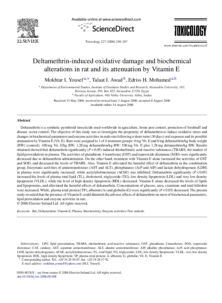 Deltamethrin-induced oxidative damage and biochemical alterations in rat and its attenuation by Vitamin E