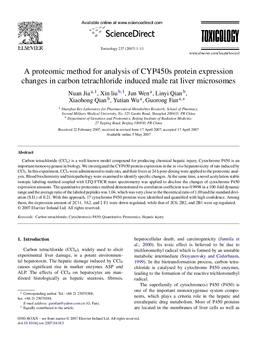 A proteomic method for analysis of CYP450s protein expression changes in carbon tetrachloride induced male rat liver microsomes