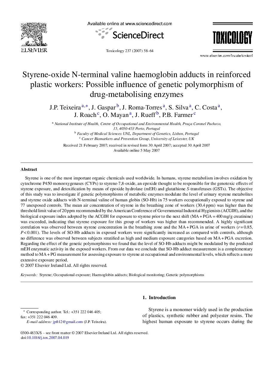 Styrene-oxide N-terminal valine haemoglobin adducts in reinforced plastic workers: Possible influence of genetic polymorphism of drug-metabolising enzymes