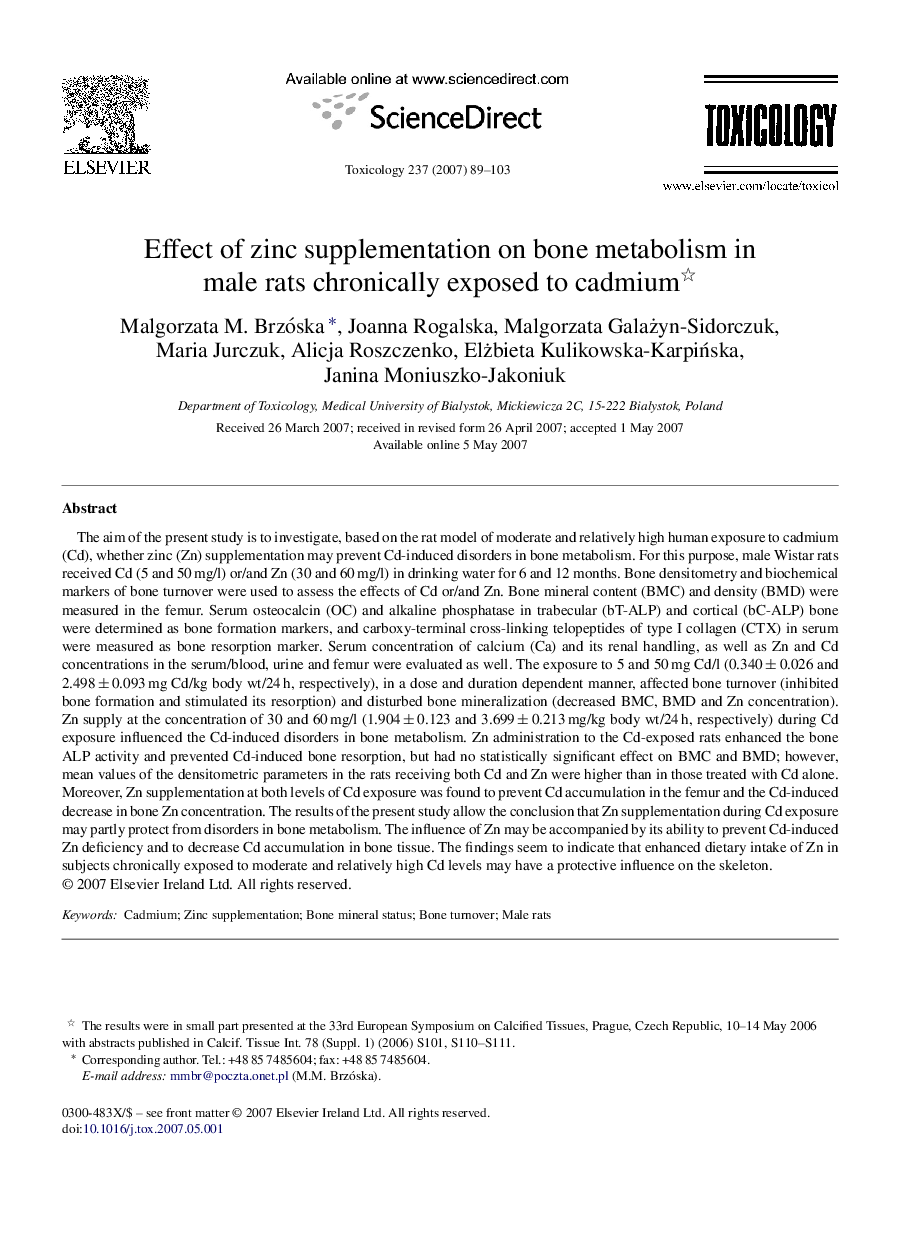 Effect of zinc supplementation on bone metabolism in male rats chronically exposed to cadmium 