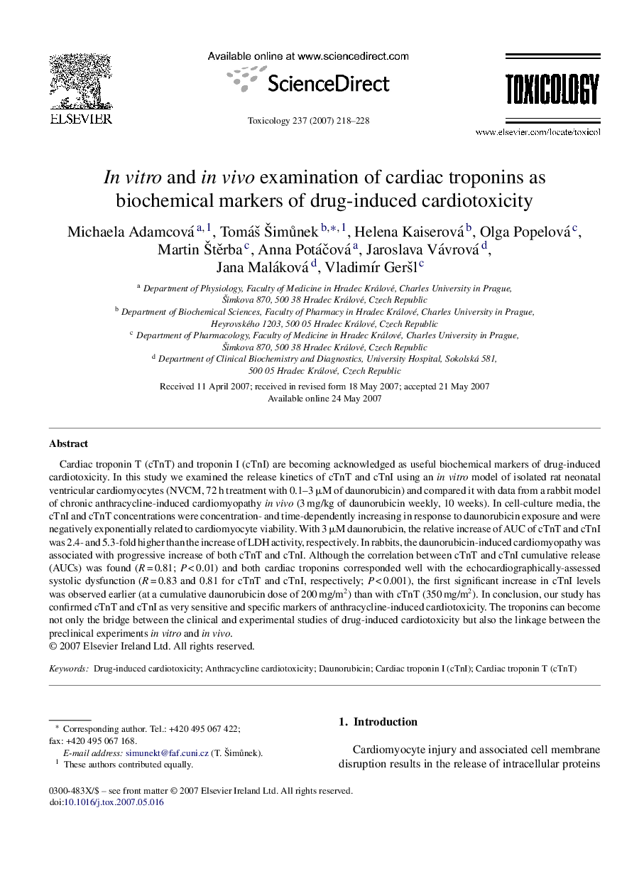 In vitro and in vivo examination of cardiac troponins as biochemical markers of drug-induced cardiotoxicity