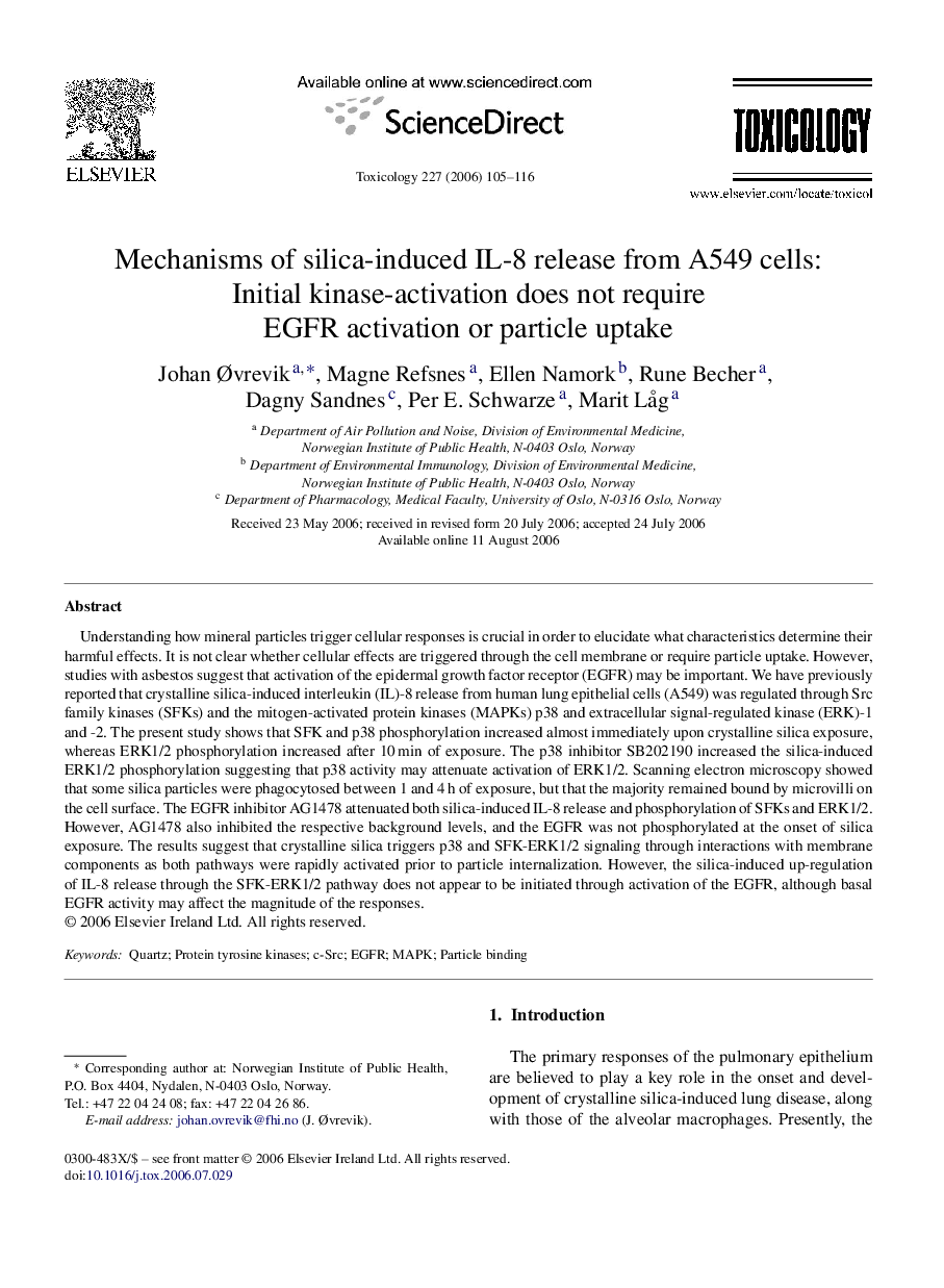 Mechanisms of silica-induced IL-8 release from A549 cells: Initial kinase-activation does not require EGFR activation or particle uptake