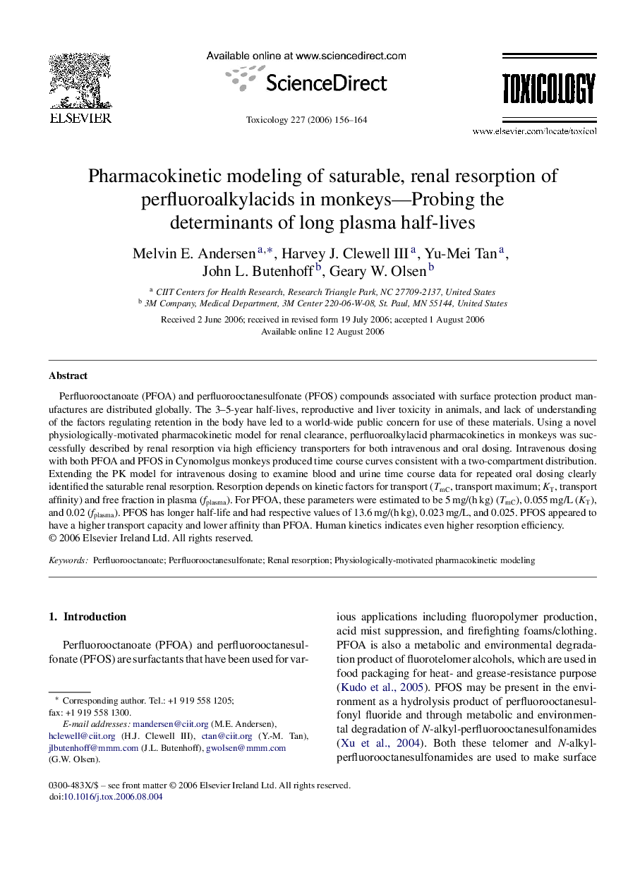 عکس صفحه اول مقاله: Pharmacokinetic modeling of saturable, renal resorption of perfluoroalkylacids in monkeys—Probing the determinants of long plasma half-lives Pharmacokinetic modeling of saturable, renal resorption of perfluoroalkylacids in monkeys—Probing the determinants of long plasma half-lives
