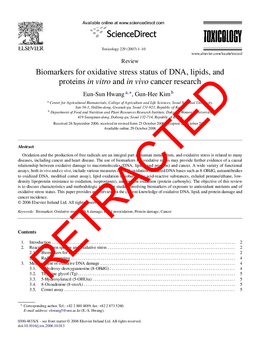 RETRACTED: Biomarkers for oxidative stress status of DNA, lipids, and proteins in vitro and in vivo cancer research