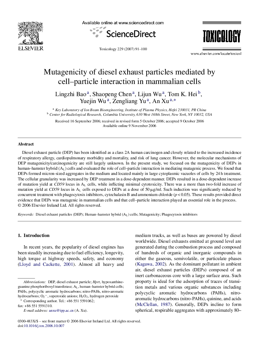 Mutagenicity of diesel exhaust particles mediated by cell–particle interaction in mammalian cells