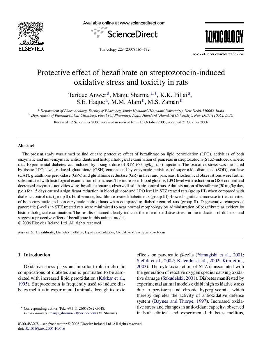 Protective effect of bezafibrate on streptozotocin-induced oxidative stress and toxicity in rats